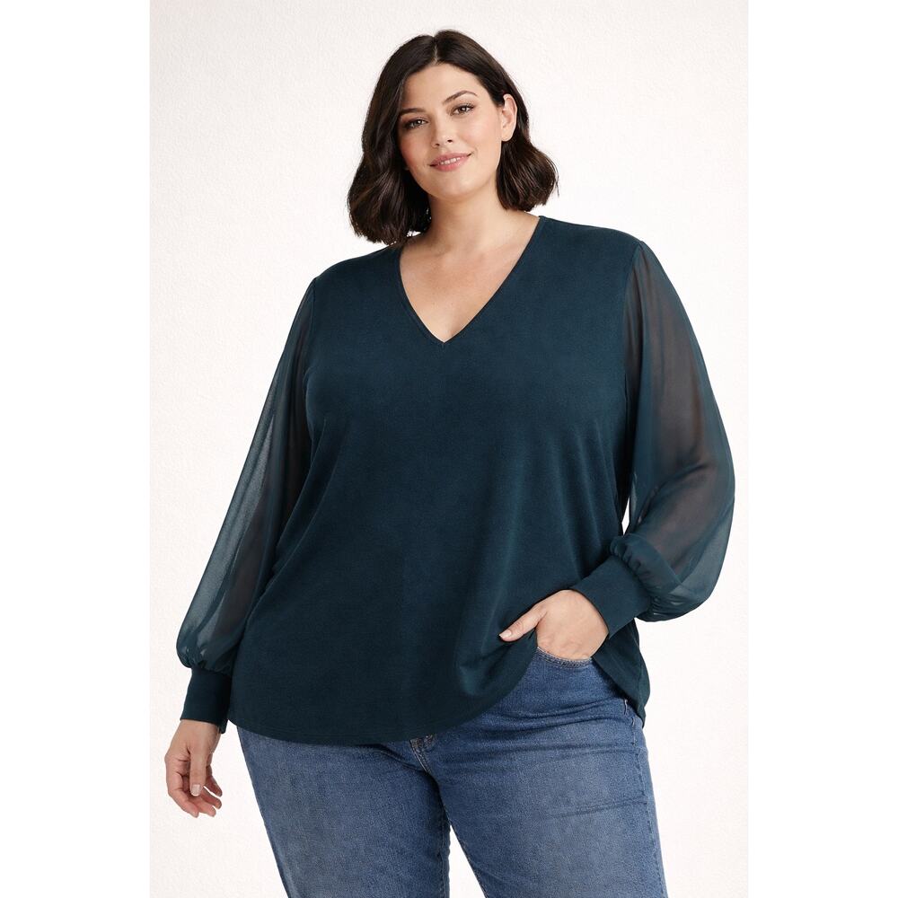 Talbots Teal Green Sweater Cotton Modal Sheer Sleeves Office Womens Plus 3x